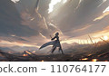 Female knight standing on the battlefield 110764177