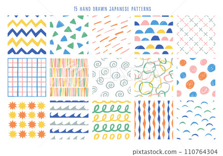 Collection of 15 hand-drawn simple seamless patterns 110764304