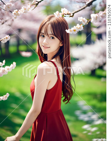 AI 圖片：在櫻花盛開的公園裡微笑的年輕女子 110765074
