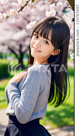 AI 圖片：在櫻花盛開的公園裡微笑的年輕女子 110765087