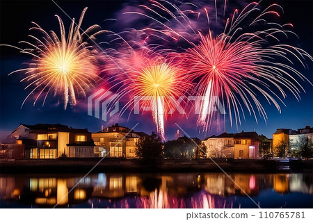 AI-generated content. Colorful bright fireworks on the background of the city, view of the embankment, reflection in the water, festive evening background 110765781