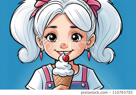 AI-generated content. Cute cartoon little girl eating an ice cream cone, on a blue background, close-up AI-generated content. Cute cartoon little girl eating an ice cream cone, on a blue background, close-up 110765785