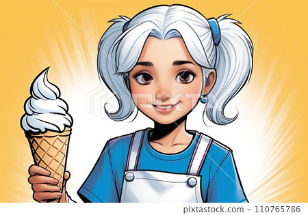 AI-generated content. Cute,cartoon little girl eating an ice cream cone, on a light background 110765786