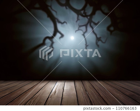 Empty wooden table with moonlight and intricate shadow from tree branches  110766163
