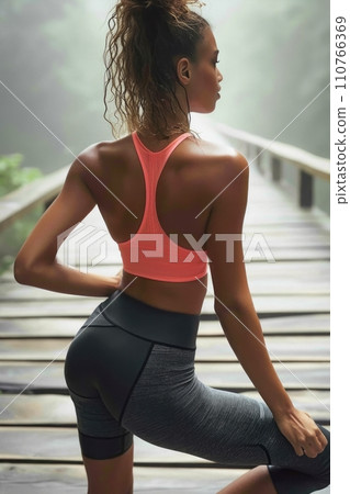 AI-generated content. Beautiful Hispanic young woman wearing sportswear in a dynamic pose during outdoor fitness. A slender Latina girl advertises a healthy lifestyle in an urban environment. 110766369