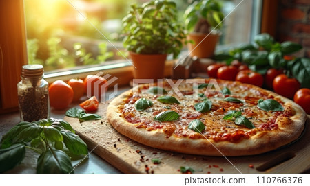 AI-generated content. Close-up of a large homemade Margherita pizza adorned with fresh basil leaves and surrounded by fresh tomatoes and herbs on the kitchen counter. Large window letting in sunlight AI-generated content. Close-up of a large homemade Margherita pizza adorned with fresh basil leaves and surrounded by fresh tomatoes and herbs on the kitchen counter. Large window letting in sunlight 110766376