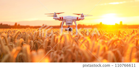 AI-generated content. Close-up of agricultural drone flying over vast wheat field. Bright setting sun above the horizon. Using quadcopters for crop monitoring and spraying. Smart farming and precision 110766611