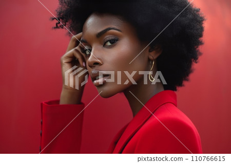 AI-generated content. Close up portrait of a young African American woman wearing a red jacket on a red studio background. Beautiful sexy black model with afro hairstyle touches her face with her hand 110766615