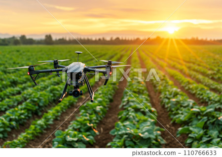 AI-generated content. Close-up view of drone flying over agricultural field in summer evening, monitoring growth and vegetation of crops. Smart farming, modern technology innovation in agricultural 110766633
