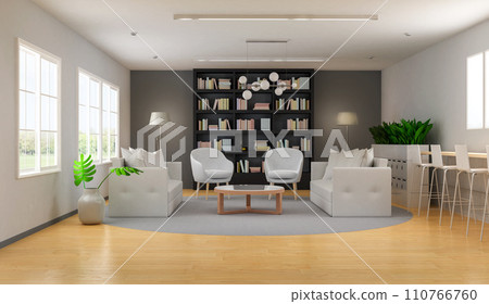 Living room interior in cozy style with bookcase 110766760