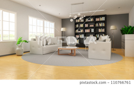 Living room interior in cozy style with bookcase 110766761