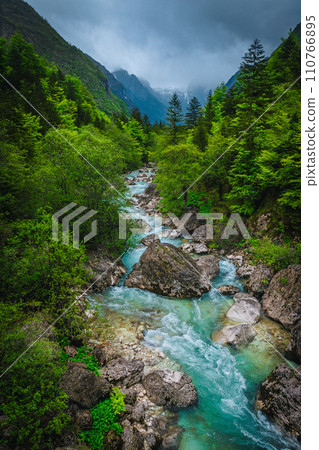 Famous Soca river in the fresh green forest, Bovec, Slovenia Famous Soca river in the fresh green forest, Bovec, Slovenia 110766895
