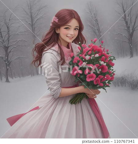 Woman with a bouquet of sweet peas Woman with a bouquet of sweet peas 110767341