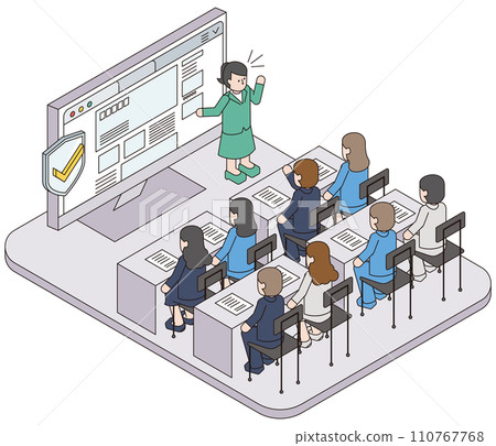 Isometric illustration of a lecturer and students holding a computer security course in the company Isometric illustration of a lecturer and students holding a computer security course in the company 110767768