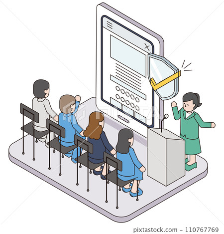 Isometric illustration of a lecturer and students holding a smartphone security course in the company 110767769