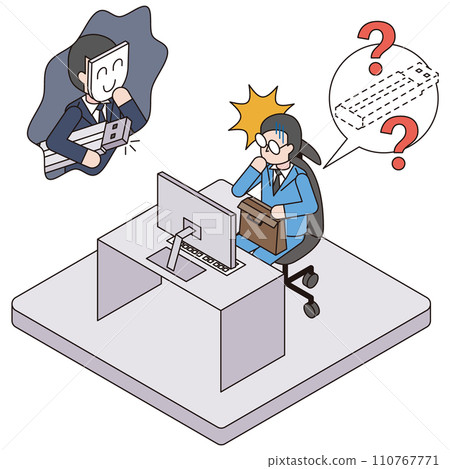 Isometric illustration of an office worker who forgot a USB containing important information outside the company and a criminal planning to misuse it 110767771