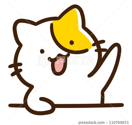 一隻可愛的貓角色舉起手並試圖說話的變形插圖 110768651