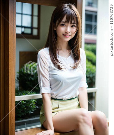 一位身穿白色洋裝的年輕女子坐在古民居的日式房間裡 一位身穿白色洋裝的年輕女子坐在古民居的日式房間裡 110768729