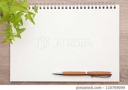 A notebook and a ballpoint pen on the desk 110769099