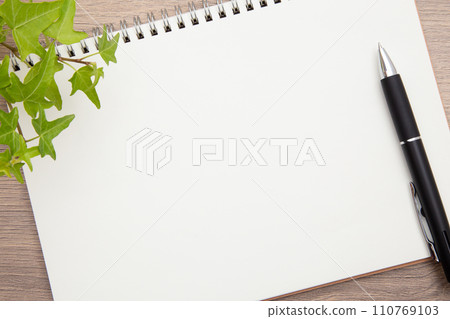 桌子上有一個筆記本和一支圓珠筆 110769103