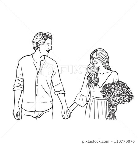 line drawing of a Young couple holding hands line drawing of a Young couple holding hands 110770076