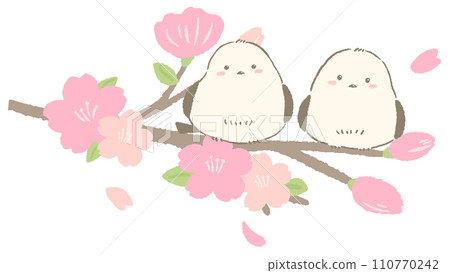 Long-tailed tit perching on a cherry blossom branch, cute hand-drawn illustration 110770242
