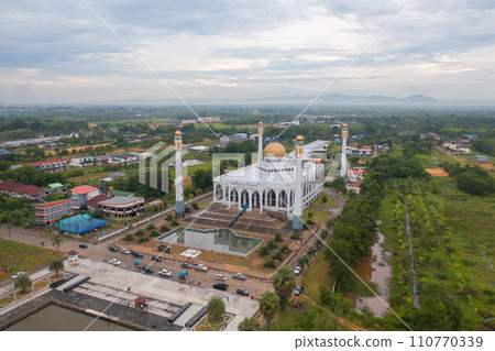 Aerial view of Songkhla Central Mosque in Hat Yai city town, Thailand. Tourist attraction landmark. Aerial view of Songkhla Central Mosque in Hat Yai city town, Thailand. Tourist attraction landmark. 110770339