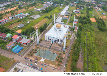 Aerial view of Songkhla Central Mosque in Hat Yai city town, Thailand. Tourist attraction landmark. Aerial view of Songkhla Central Mosque in Hat Yai city town, Thailand. Tourist attraction landmark. 110770340
