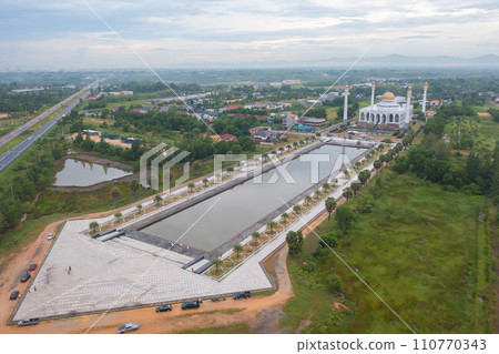 Aerial view of Songkhla Central Mosque in Hat Yai city town, Thailand. Tourist attraction landmark. 110770343