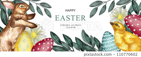 Happy Easter watercolor card, banner, border with cute Easter rabbit, eggs, spring flowers and chick in pastel colors on light green white background. Isolated Easter watercolor decoration elements Happy Easter watercolor card, banner, border with cute Easter rabbit, eggs, spring flowers and chick in pastel colors on light green white background. Isolated Easter watercolor decoration elements 110770602
