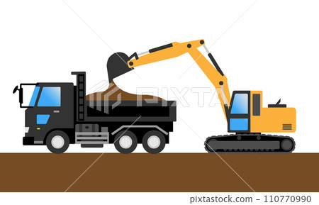 鏟車將挖出的土和沙裝載到自卸車上 110770990