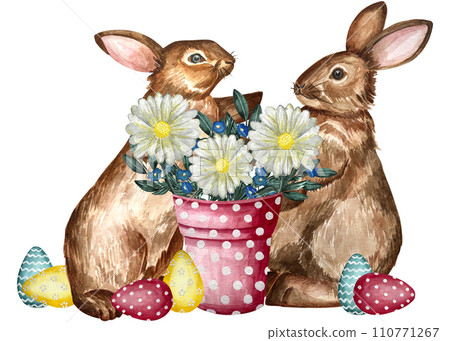 Watercolor Illustration Easter Rabbit and Easter Egg. Watercolor easter pot with bunnies, chicken and decorated eggs. Watercolor Illustration Easter Rabbit and Easter Egg. Watercolor easter pot with bunnies, chicken and decorated eggs. 110771267
