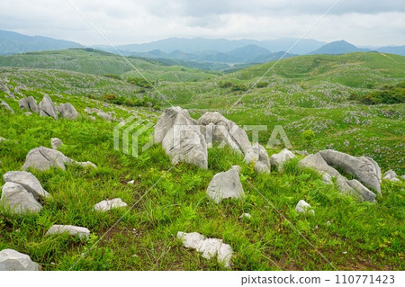 Landscape of the Akiyoshidai karst plateau in Yamaguchi Prefecture with countless limestone rocks and green grasslands Ver1 110771423