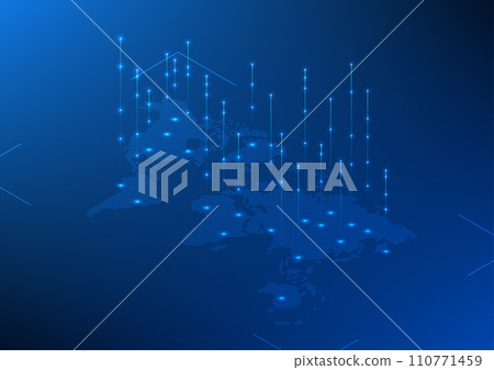 World map technology background with rising digital data lines. Shows the connection of the Internet network that can send and receive cyber data all over the world.Isometric image Center illustration 110771459