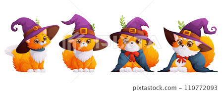 A set of four happy and cute cats with a purple witch hat on their head. Halloween theme, kitten in a magician's hat and mantle. Cartoon style, vector. A set of four happy and cute cats with a purple witch hat on their head. Halloween theme, kitten in a magician's hat and mantle. Cartoon style, vector. 110772093