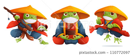 A set of three toads in the form of kung fu masters in a red and blue kimono and a yellow straw hat. A frog monk in a lotus position meditates, a green toad in a dynamic kung fu pose. Cartoon style A set of three toads in the form of kung fu masters in a red and blue kimono and a yellow straw hat. A frog monk in a lotus position meditates, a green toad in a dynamic kung fu pose. Cartoon style 110772097