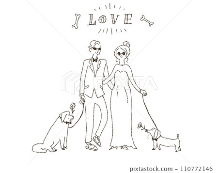 Bride and groom having a wedding ceremony with two dogs, line drawing 110772146