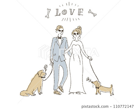 Bride and groom having a wedding with two dogs, with text 110772147