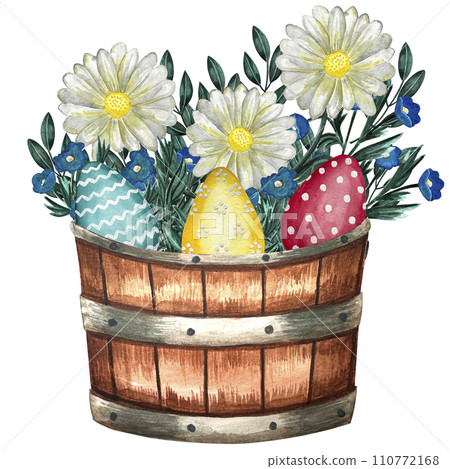 Watercolor easter wooden bucket with bow decorated eggs illustration.  110772168
