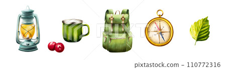 Watercolor illlustrations with hiking, camping backpack, metal green cup, gold vintage marine compass, lingonberry, cranberry and cowberry and oil kerosene lantern. Direction indicators with arrow 110772316