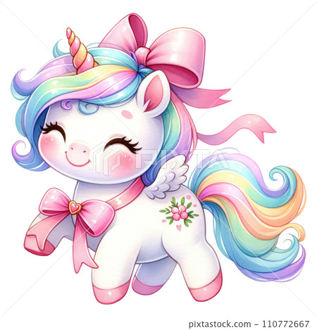 Unicorn in rainbow and white colors for baby and girls birthday party Unicorn in rainbow and white colors for baby and girls birthday party 110772667