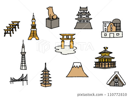 Hand drawn illustration set of famous places in Japan Hand drawn illustration set of famous places in Japan 110772810