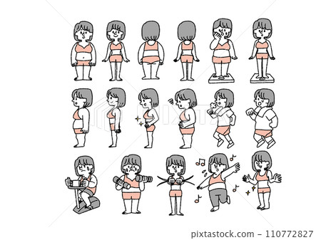 Illustration set of thin women and fat women working hard on diet 110772827