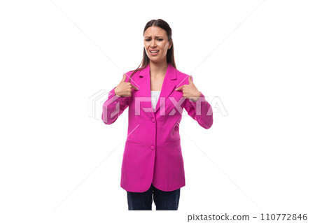 young pretty woman with black straight hair wears designer pink jacket sewn in atelier young pretty woman with black straight hair wears designer pink jacket sewn in atelier 110772846