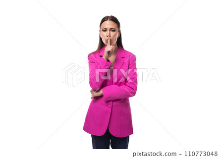 young smart brunette secretary woman wearing lilac jacket looks confident on white background with young smart brunette secretary woman wearing lilac jacket looks confident on white background with 110773048