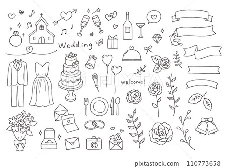 Hand-drawn illustration set related to weddings (monochrome) Hand-drawn illustration set related to weddings (monochrome) 110773658