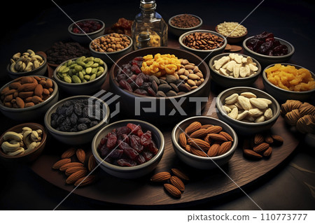 AI-generated content. A variety of nuts and dried fruits. Generative AI 110773777