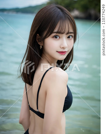 港區女孩穿著泳衣在海邊微笑的“人工智慧生成圖像” 110774249