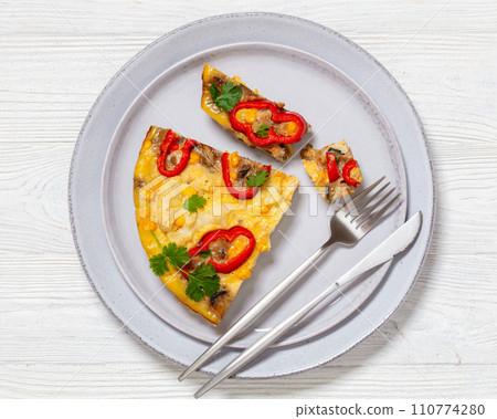 omelette with vegetables in a plate, top view omelette with vegetables in a plate, top view 110774280