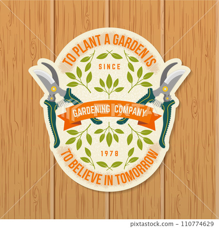 Gardening and yard work services emblem, label, badge, logo. Vector illustration. For sign, patch, shirt design with hand secateurs, garden pruner, gardening equipment silhouette. 110774629